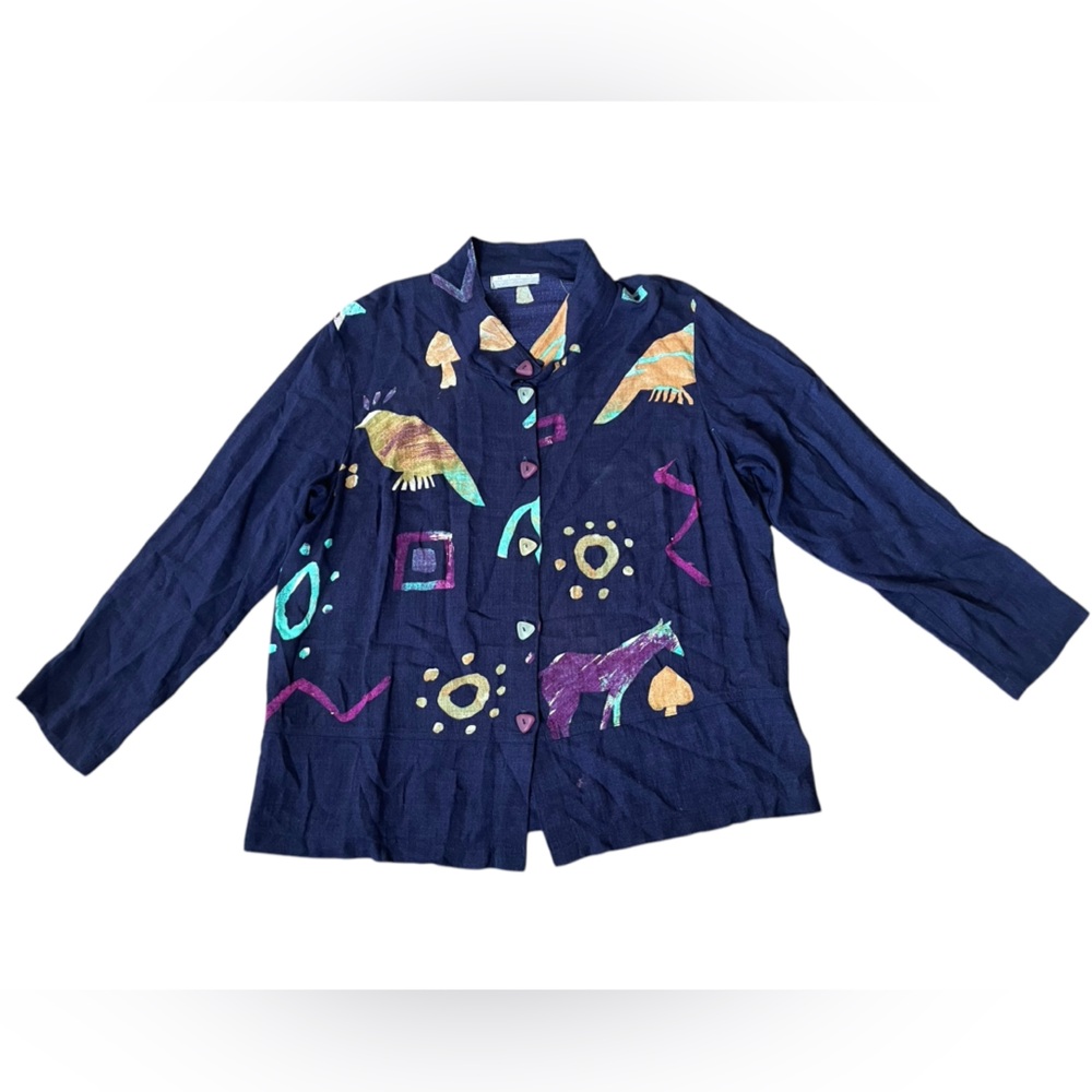 Nino Wong Vintage 80s Hippie Artsy Geometric Animal Print Tie Dye Button Shirt